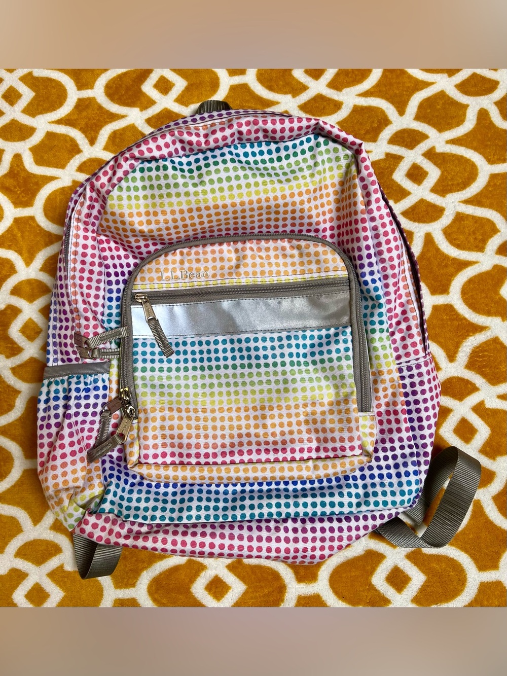 L.L.Bean Rainbow Polka Dot  Polyester Zip Backpack Adjustable